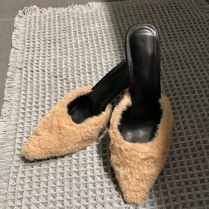 Tan Faux Fur Kitten Heel Mule 8.5